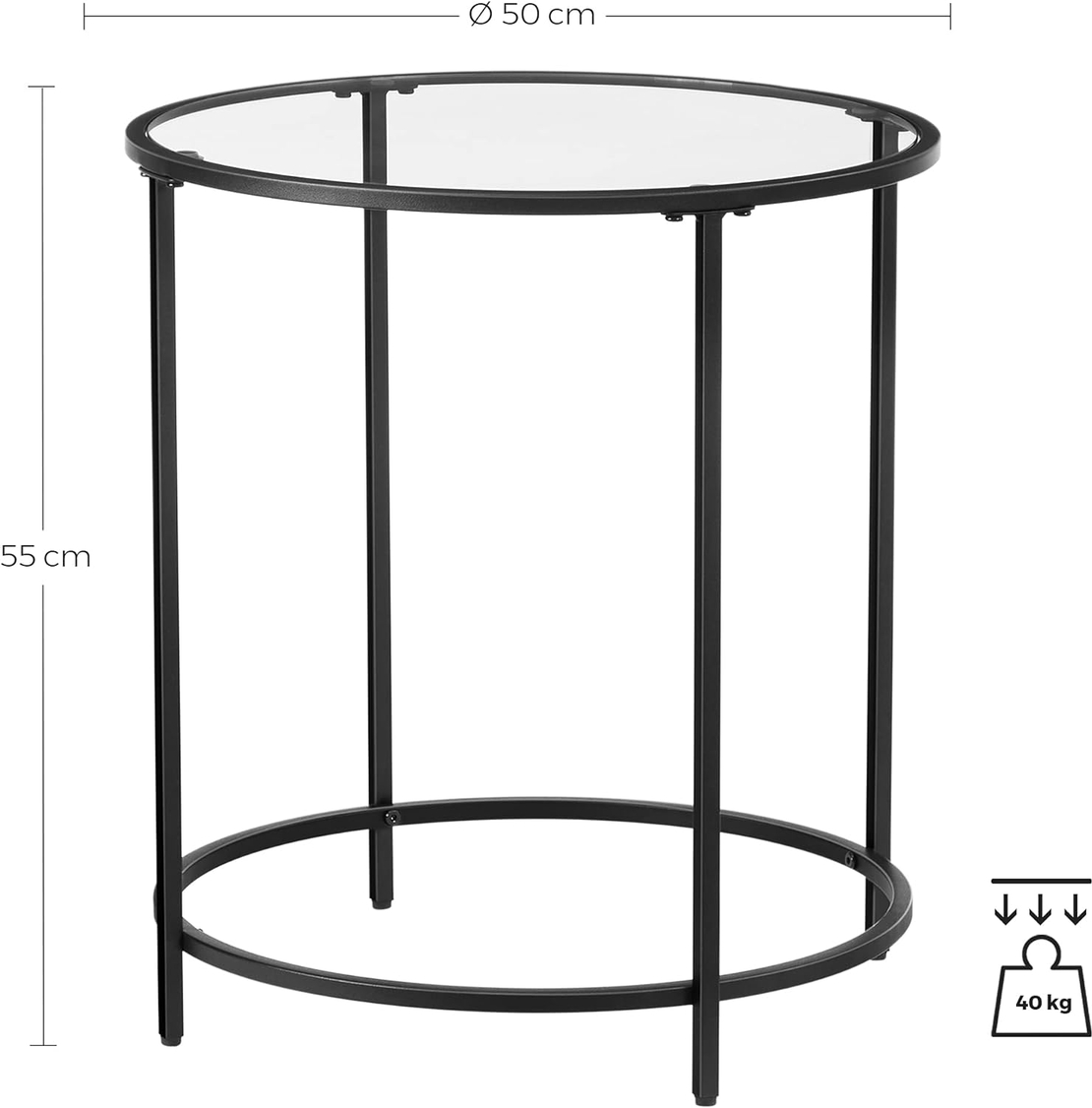 VASAGLE Masa rotunda, din sticla securizata cu cadru de otel, noptiera, 50x50x55cm, negru
