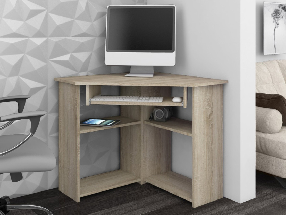 Birou de colt TED, cu rafturi si polita glisanta pentru tastatura, 80x80x74 cm, stejar sonoma