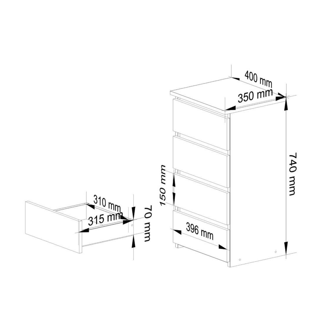 Comoda cu 4 sertare, PAL laminat 16mm, 40x35x74 cm, alb si gri