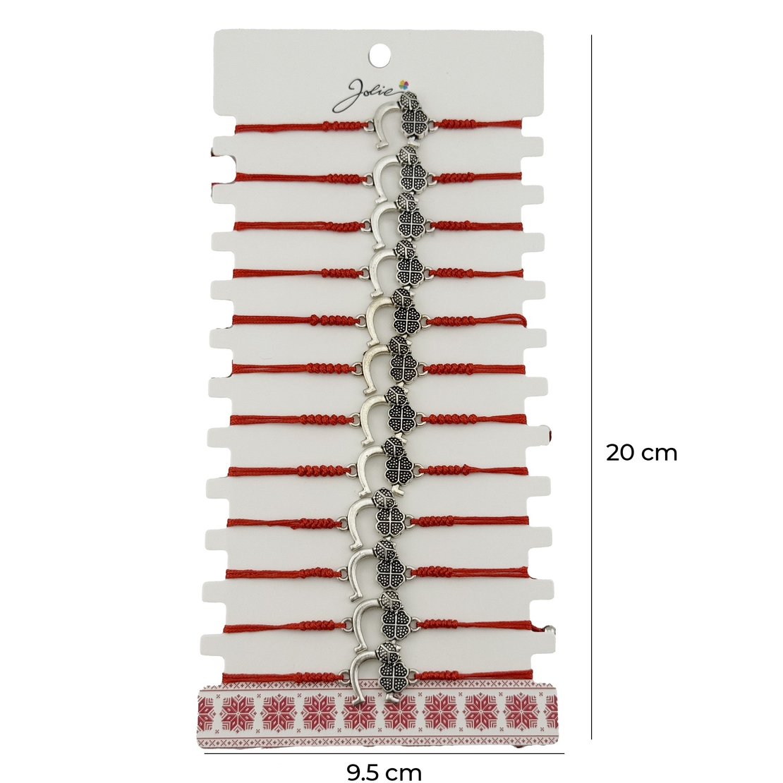 Bratara Martisor pentru Dama, Jolie, Model Potcoava cu Trifoi, Set 12 bucati, Pandativ Argintiu din Inox cu Snur Rosu Ajustabil