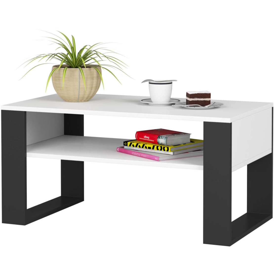 Masuta de cafea Domi cu raft inferior, blat laminat, 92x50x45 cm, alb si negru