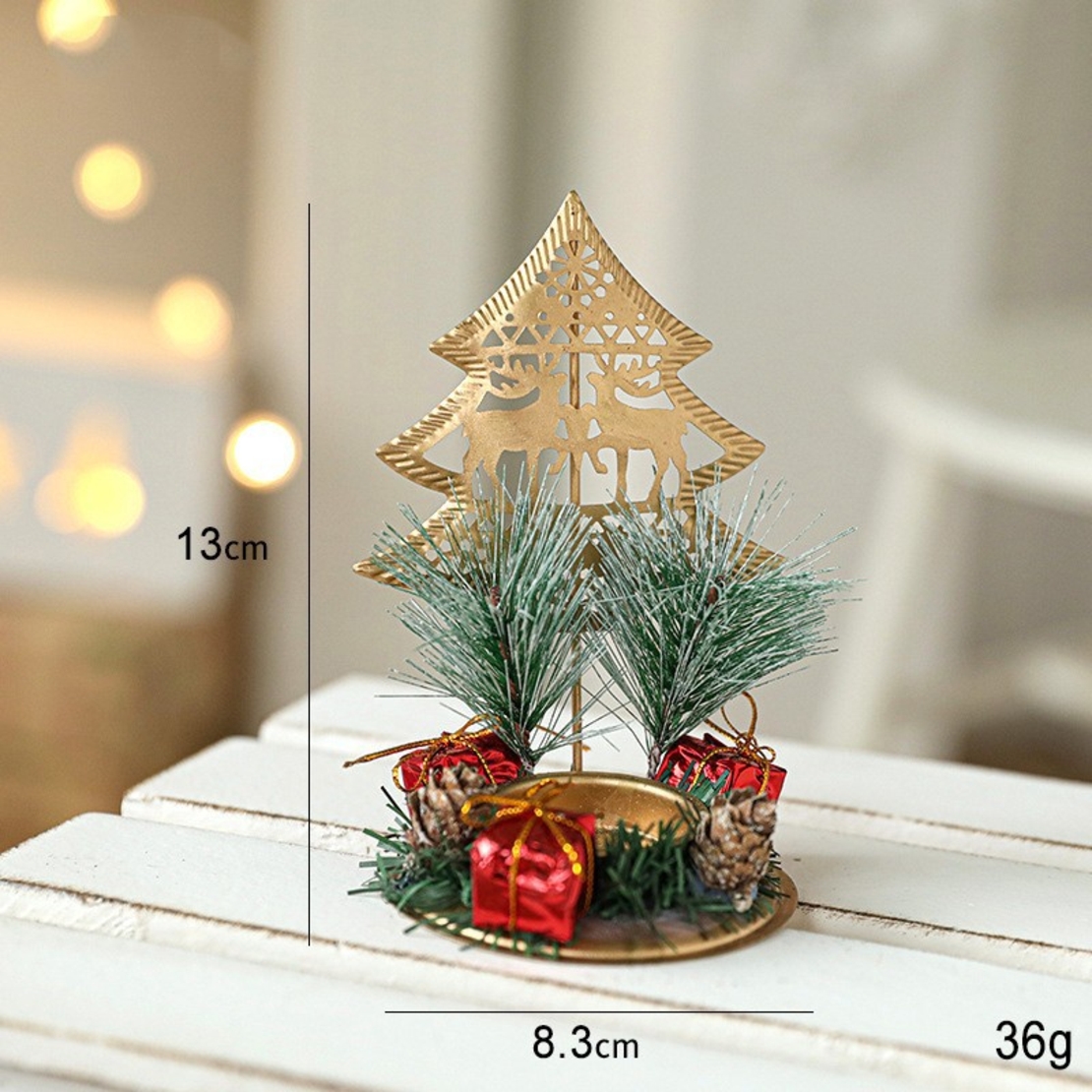 Suport Decorativ pentru Lumanare de Craciun, Flippy, Ornament pentru Lumanare pe Masa, Model Brad cu Reni si Crengute de Brad, din Art Metal, fara Lumanare 13 x 8.3 cm, Auriu