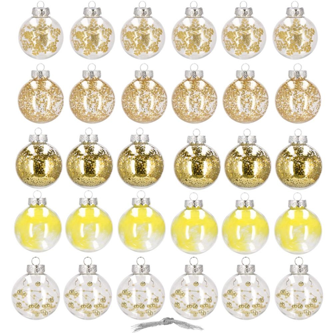 Set globuri de Craciun Inedit, 30 bucati, 7cm, transparente si auriu