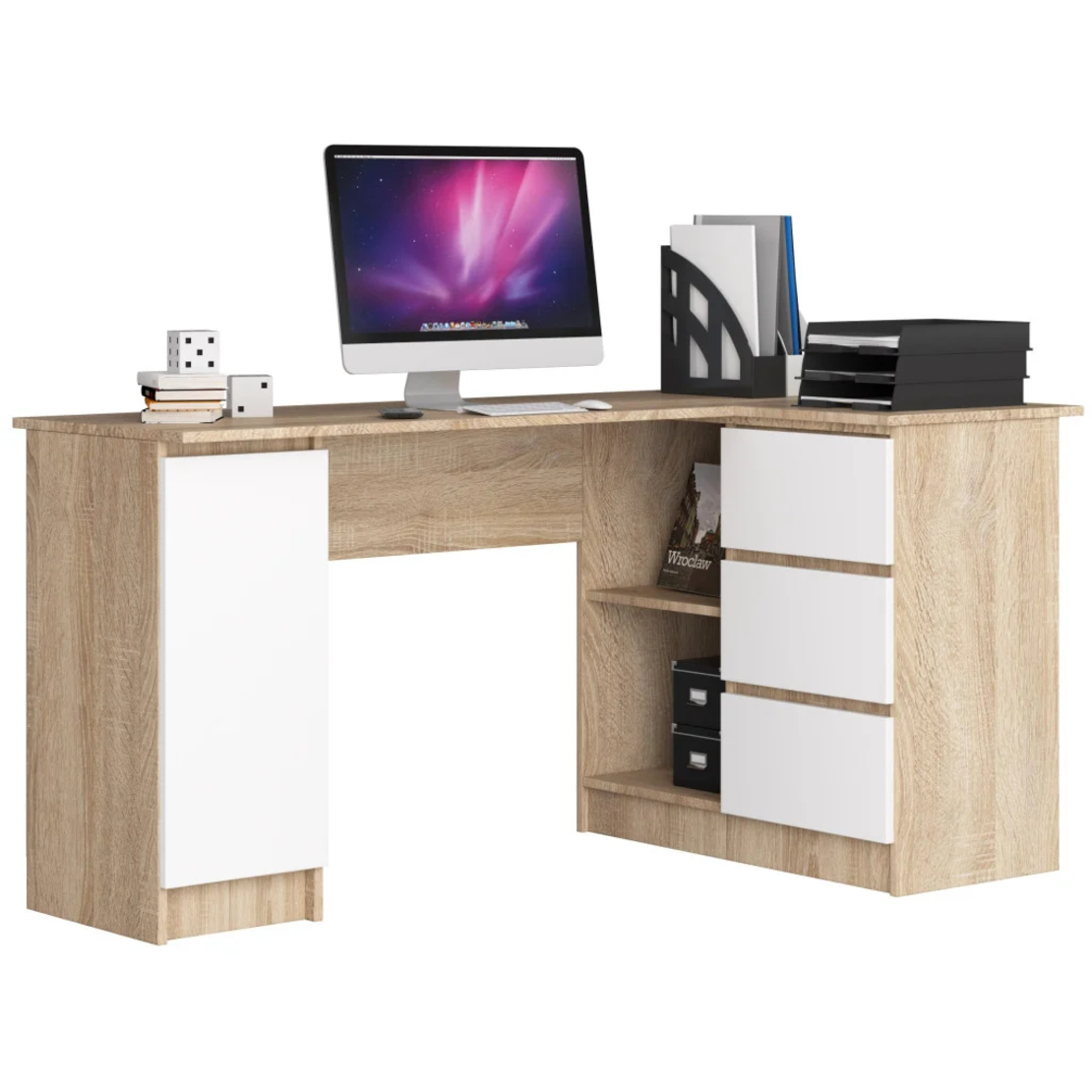 Birou colt dreapta in L cu 3 sertare si rafturi, PAL laminat 16 mm, 155x85x77 cm, stejar sonoma si alb