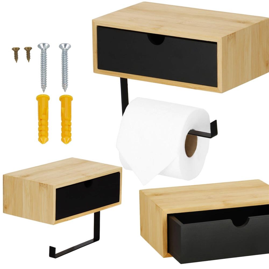 Suport hartie igienica din otel cu sertar depozitare, sistem montare inclus, 22cm, negru bej