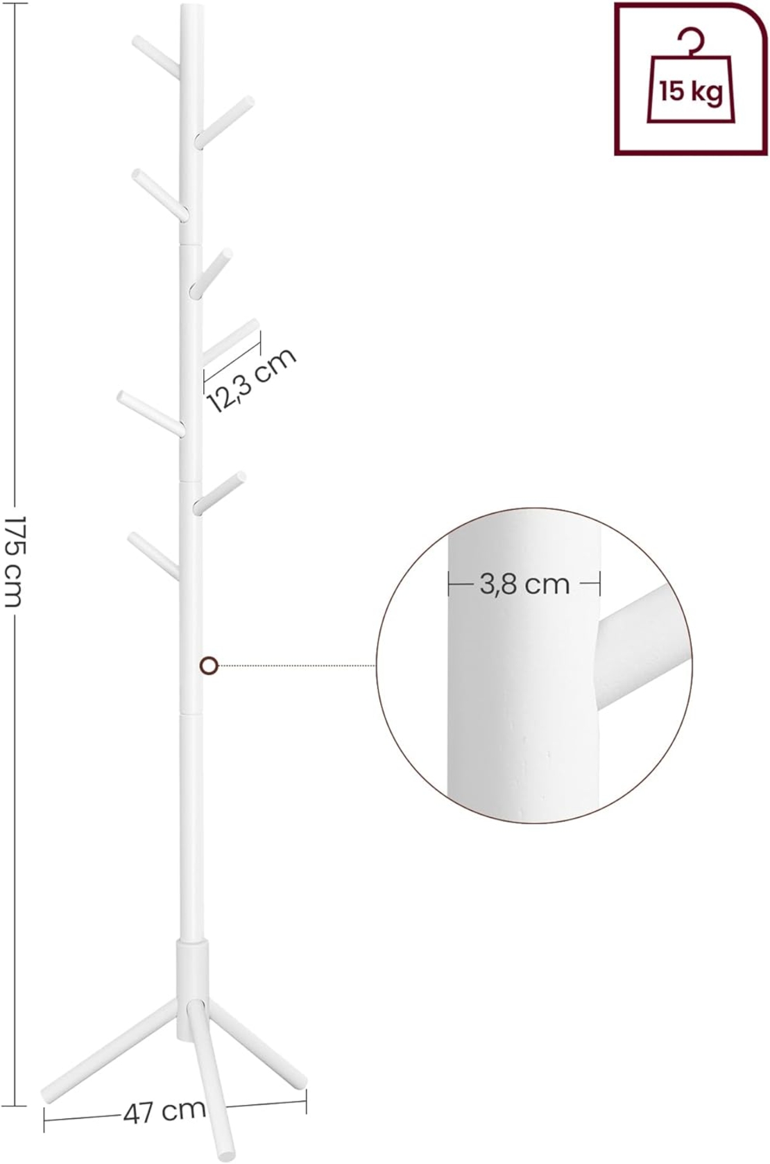 VASAGLE Cuier pentru haine, din lemn masiv, tip pom, cu 8 carlige, 175cm, alb