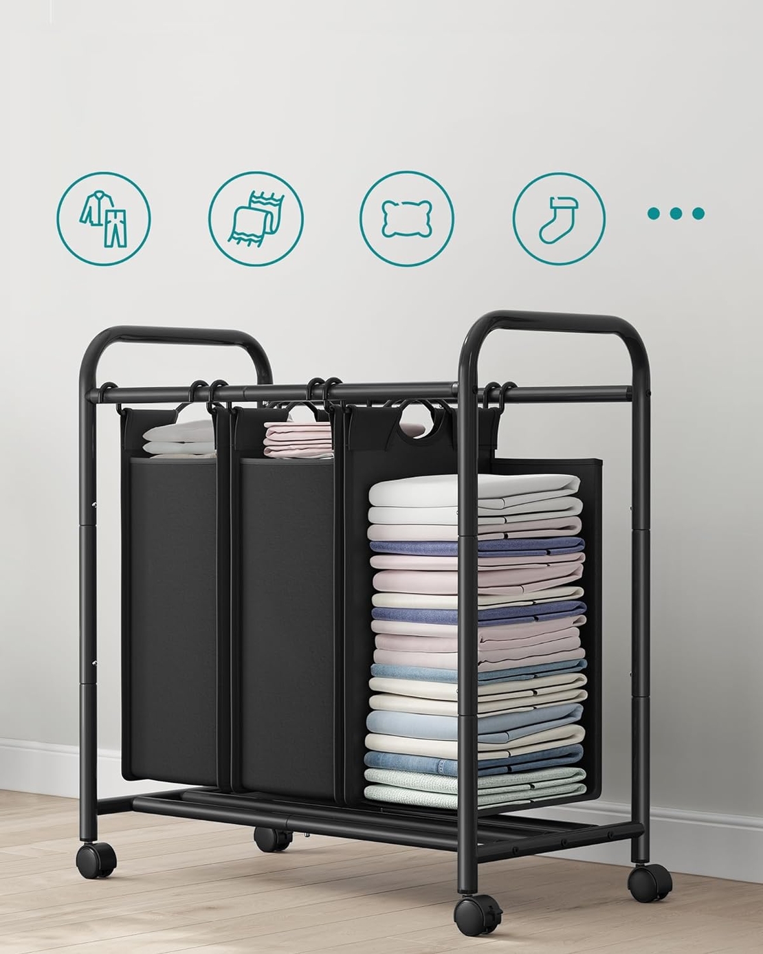 SONGMICS Cos de rufe cu 3 saci detasabili, structura metalica pe roti, 3x44L, 77x41x82cm, negru