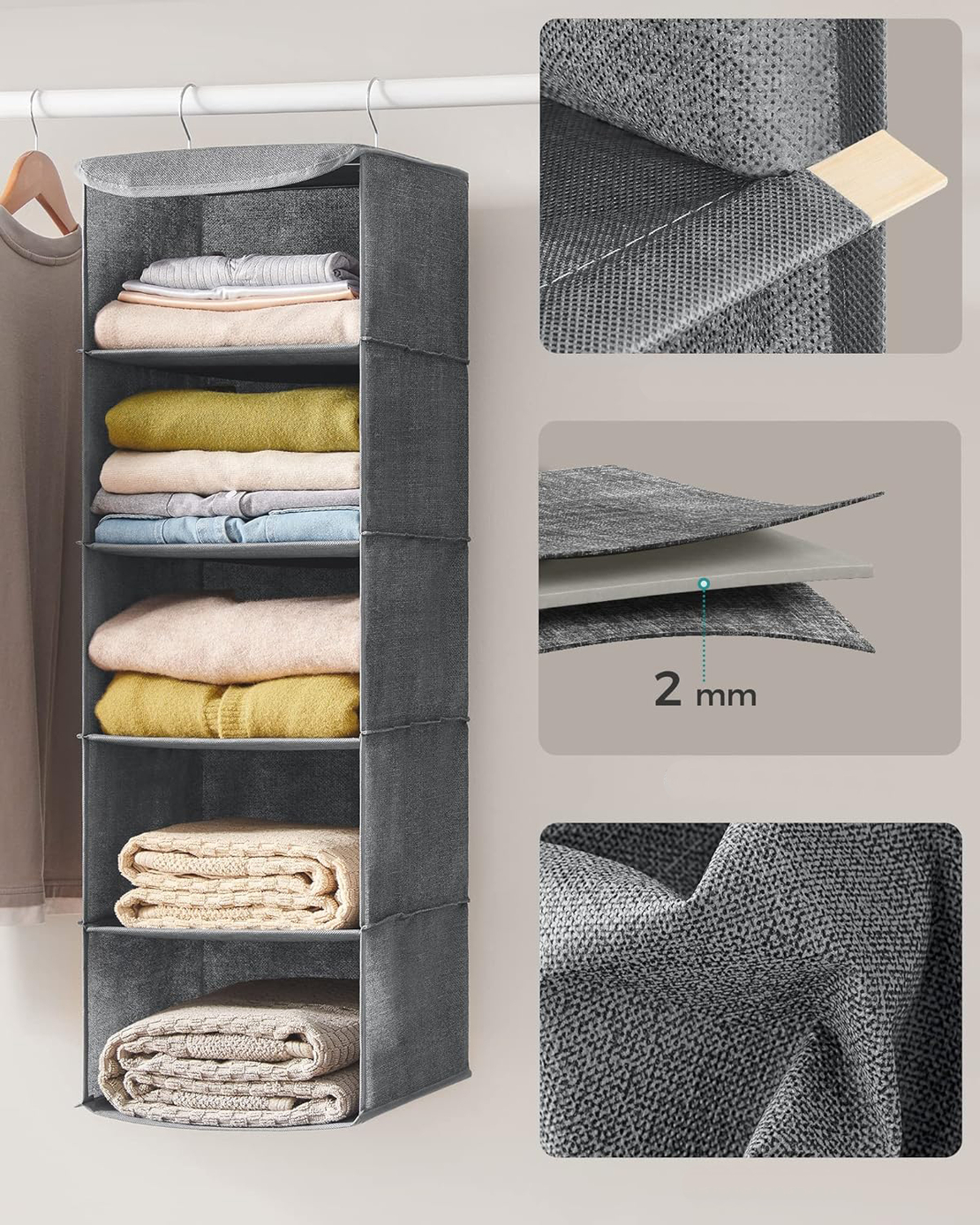 SONGMICS Raft suspendat organizator pentru dulapuri, pliabil, textil, 30x30x90cm, gri