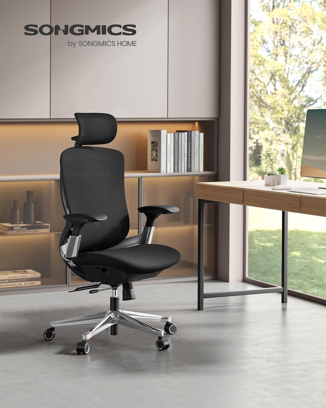 SONGMICS Scaun de birou ergonomic reglabil cu tetiera si suport lombar, inclinare 135°, maxim 150 kg, 70x70x125 cm, negru