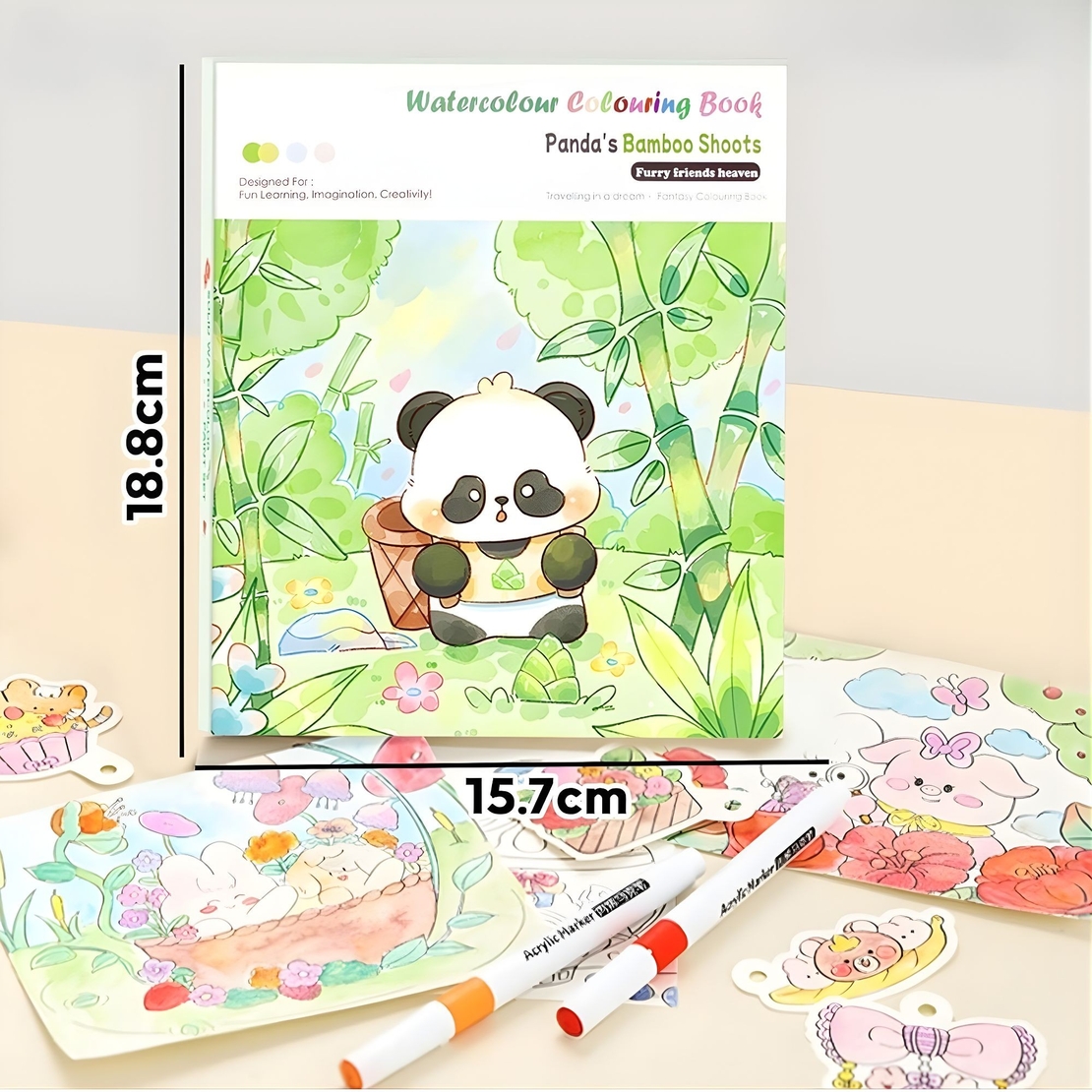 Carte de Colorat cu Acuarela, Flippy, Model Panda, 20 Foi de Carton 200 gr, 12 Culori, 1 Pensula, 15.7 x 18.8 x 1.8 cm, Verde