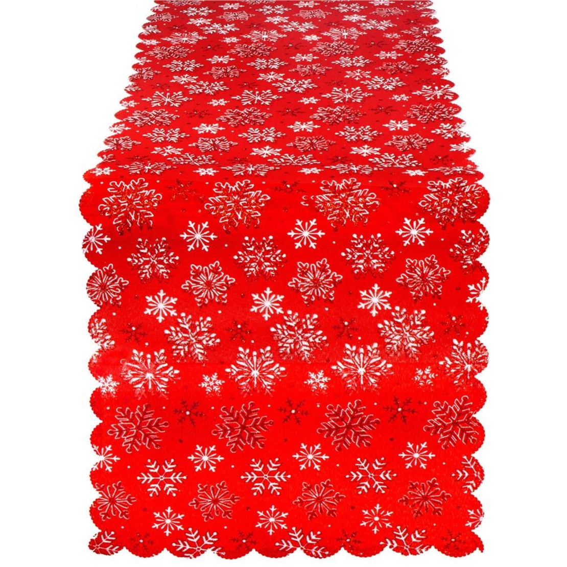 Fata de masa pentru decor, cu motive de Craciun, din stofa, 34x187cm, rosu