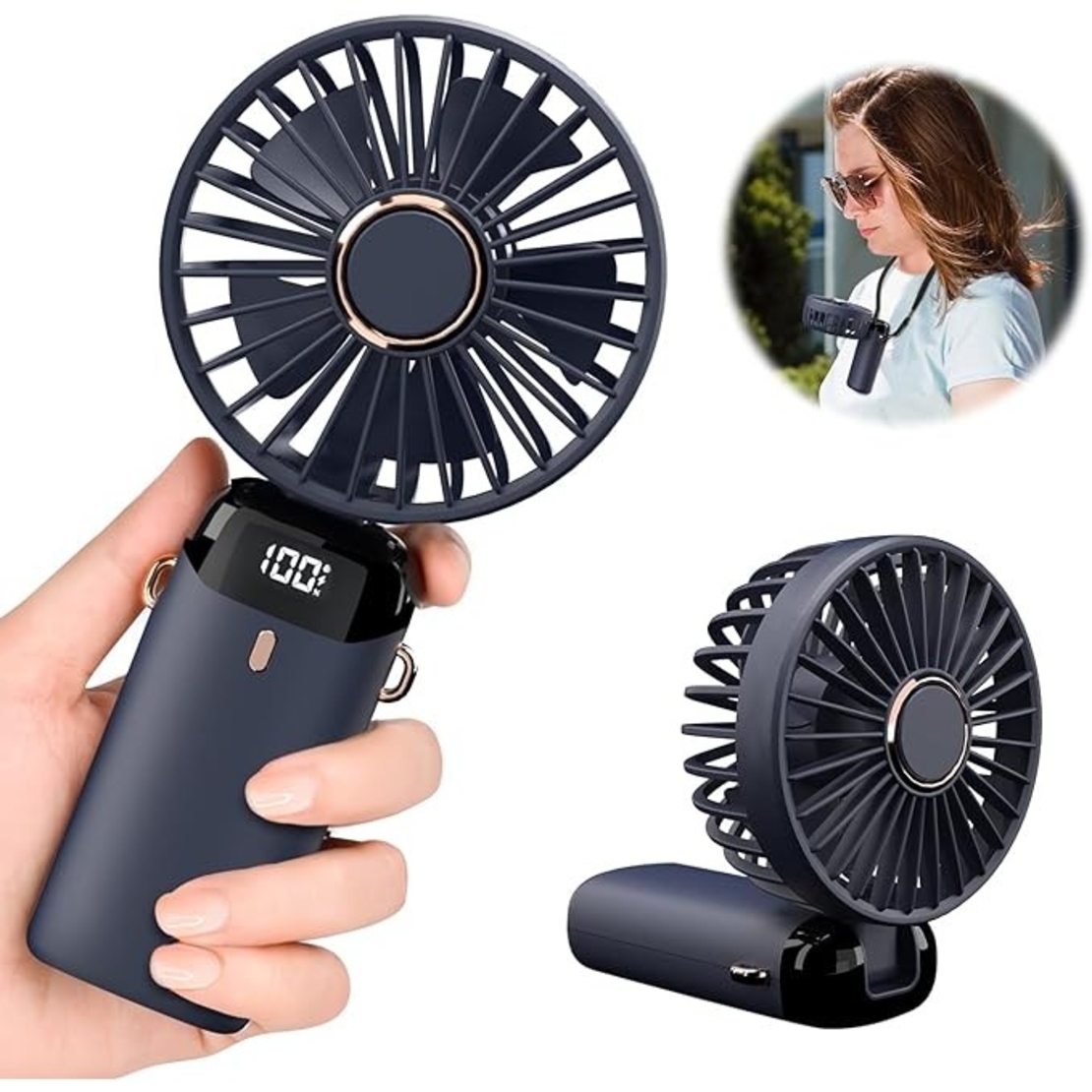 Ventilator Ultra Portabil cu Aromaterapie, Vafy, 3 in 1, de Mana, de Birou, de Gat, 5 Trepte de Viteza, Incarcare USB, Autonomie 12h, Pliabil, cu Ecran LCD, Albastru