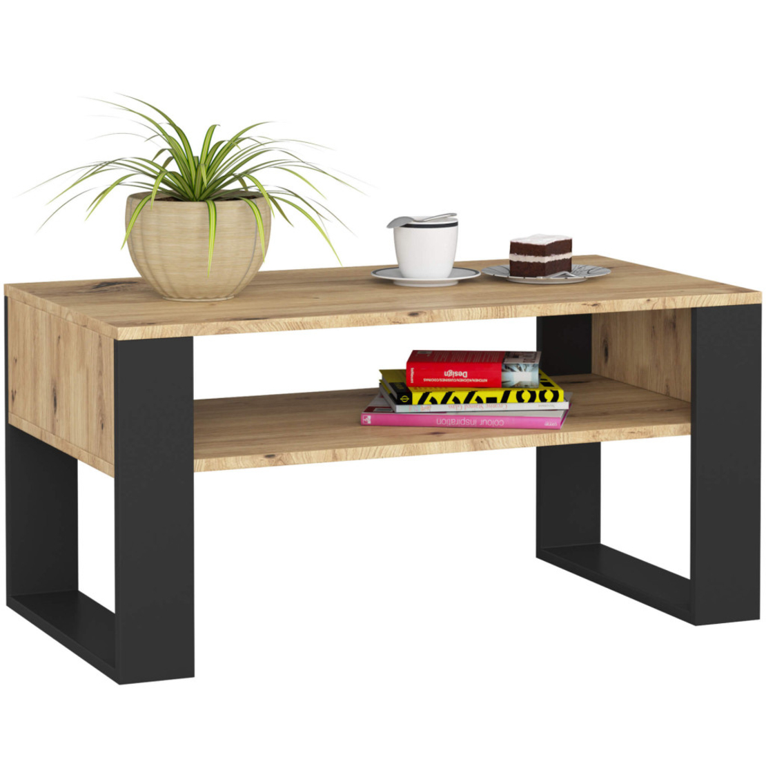 Masuta de cafea Domi cu raft inferior, blat laminat, 92x50x45 cm, stejar artisan si negru