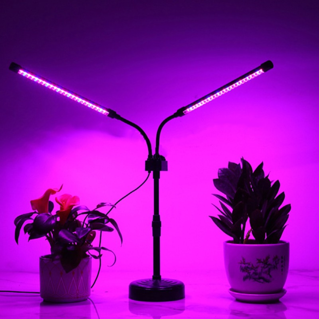 Lampa UV pentru cresterea plantelor, Flippy, Alimentare cu USB, 10W, 2 capete, 48 LED-uri, 9 nivele lumina, Timer, Inaltime Ajustabila pana la 65 cm Lumina Mov