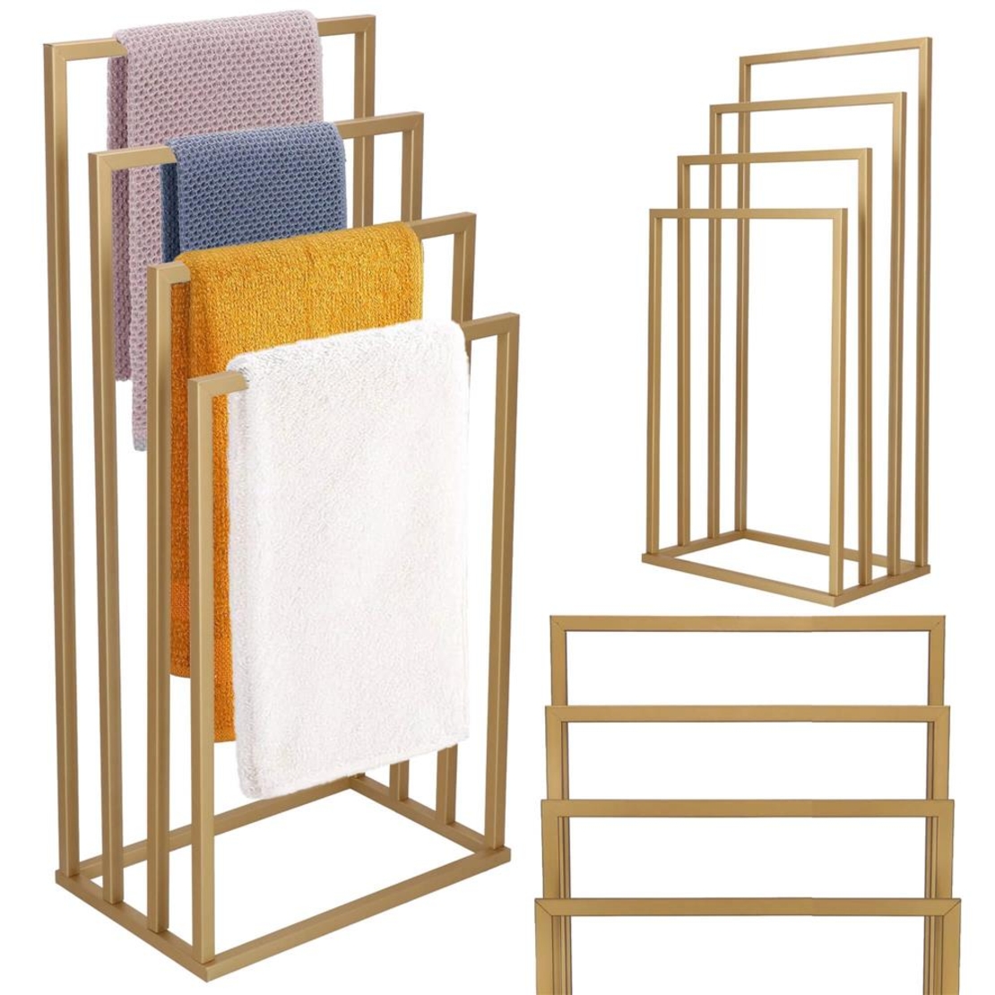 Suport metalic de baie pentru prosoape, cu 4 standuri, 96 cm, auriu mat