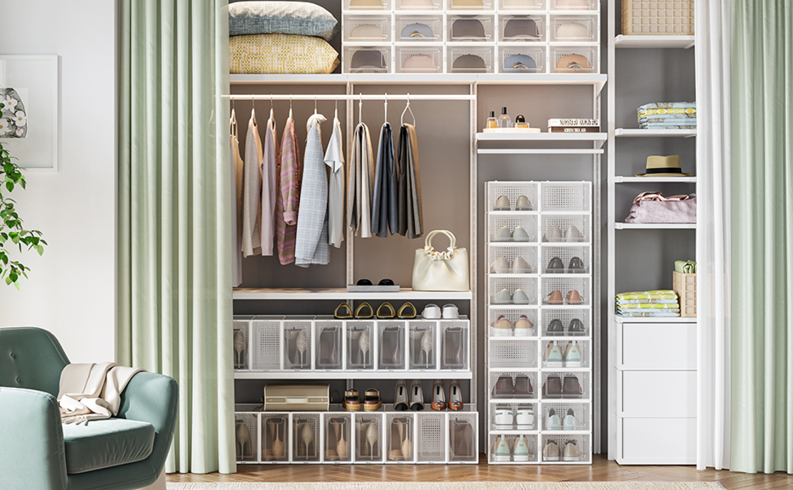 SONGMICS Cutii de pantofi, set de 18 organizatoare stivuibile, structura rezistenta ABS, 34x23x14cm, transparent