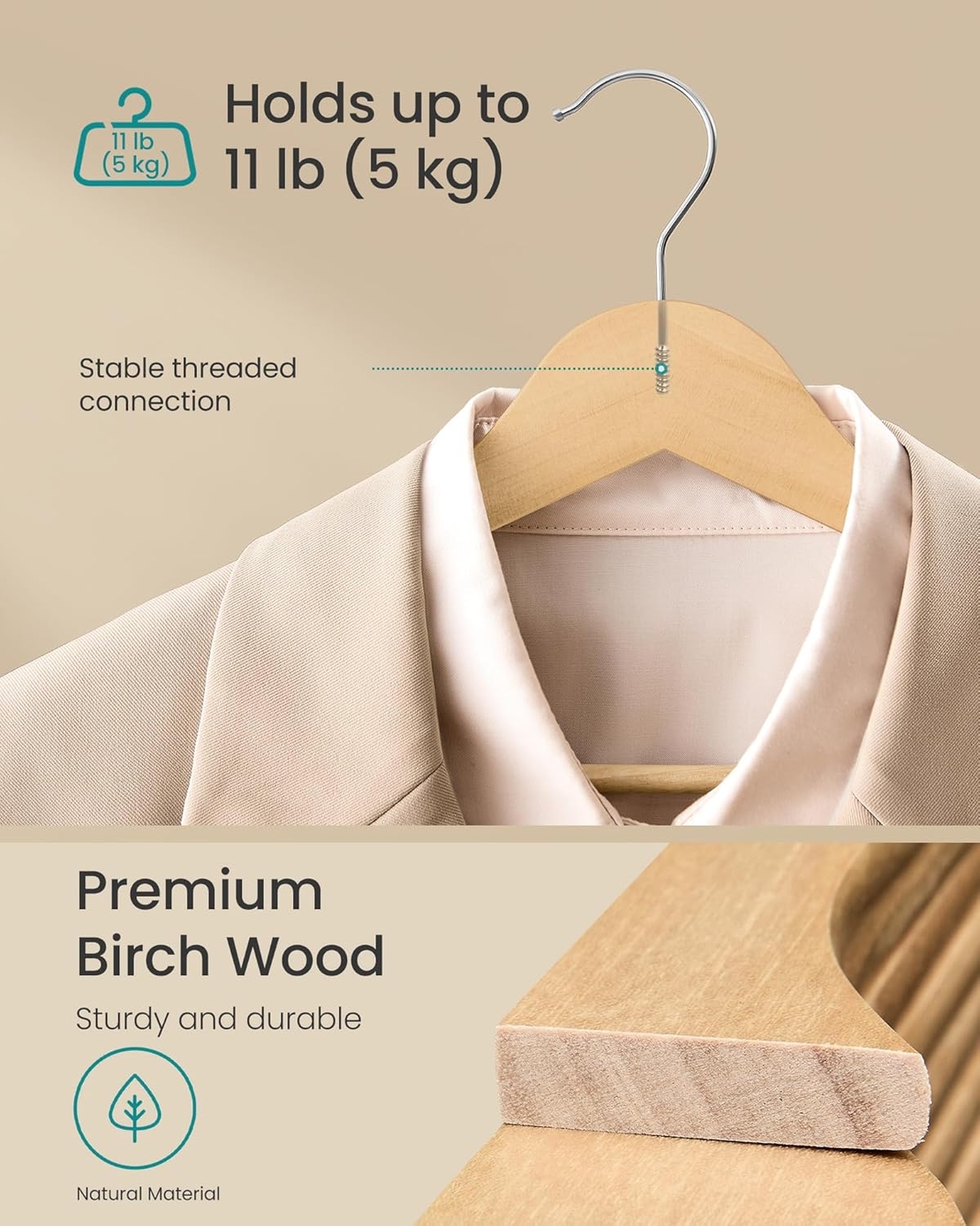 SONGMICS Set de 30 de umerase din lemn, carlige rotative 360°, cu bara pentru pantaloni, 43 cm, natur