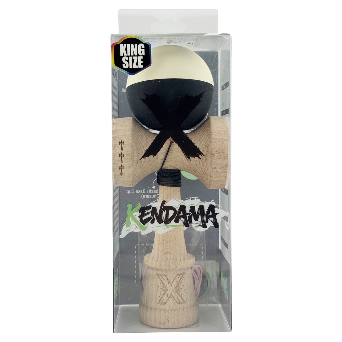 Kendama X Originala, Profesionala, Flippy, Rubber Grip, Cupe Mari KING SIZE V3, Gaura in Baza, Rulment Metalic, din lemn 18 cm, Ata 62/65 cm, Bicolor Galben/Negru