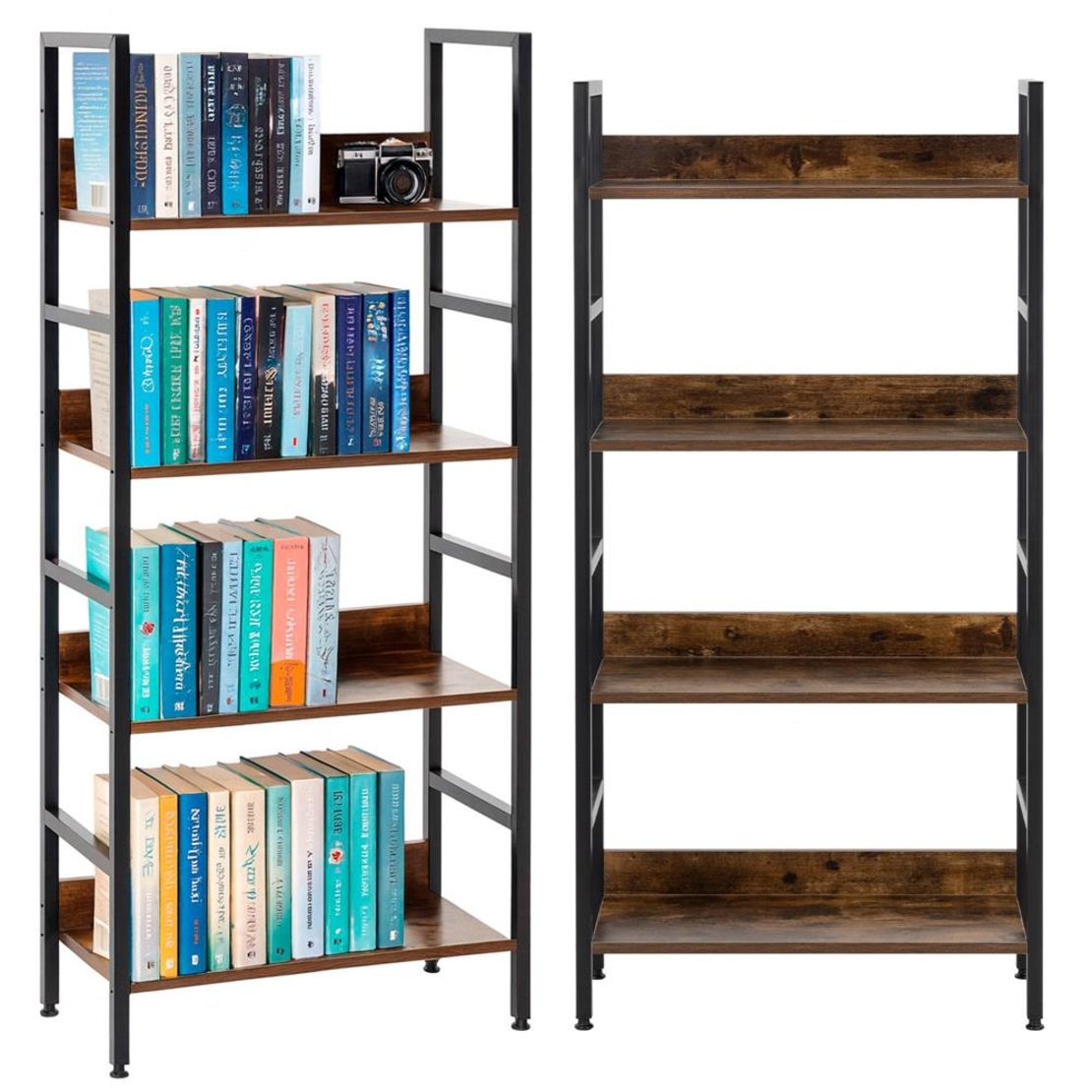Etajera cu 4 polite din MDF si cadru metalic, stil industrial, 60x28x124.5 cm, maro inchis si negru