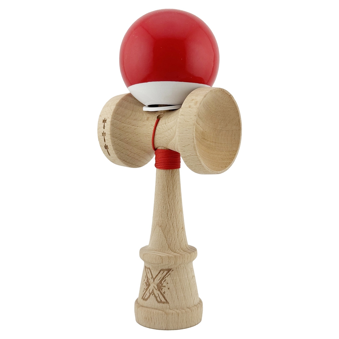 Kendama X Originala, Profesionala, Flippy, Super Sticky cu Cupe Mari KING SIZE V3, Gaura in Baza, Rulment Metalic, din lemn 18 cm, Ata 62/65 cm, Bicolor Rosu/Alb