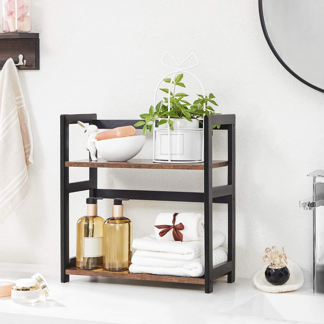SONGMICS Raft de depozitare pe 2 niveluri, MDF, organizator de birou sau bucatarie, 42x18x43 cm, maro rustic