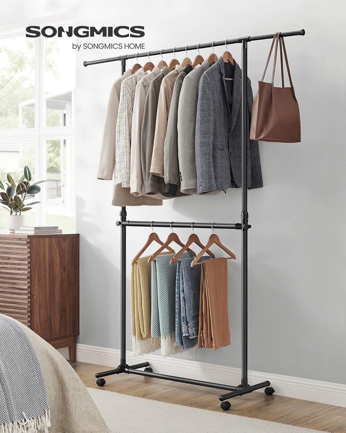 SONGMICS Suport haine cu doua bare, roti blocabile, inaltime reglabila, cadru metalic, 101x49x113-180 cm, negru