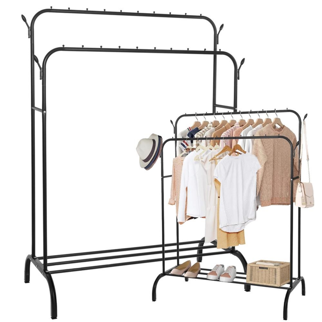 Suport pentru haine cu cadru metalic, cu sina dubla de agatat si carlige cuier, 55x110x146cm, negru