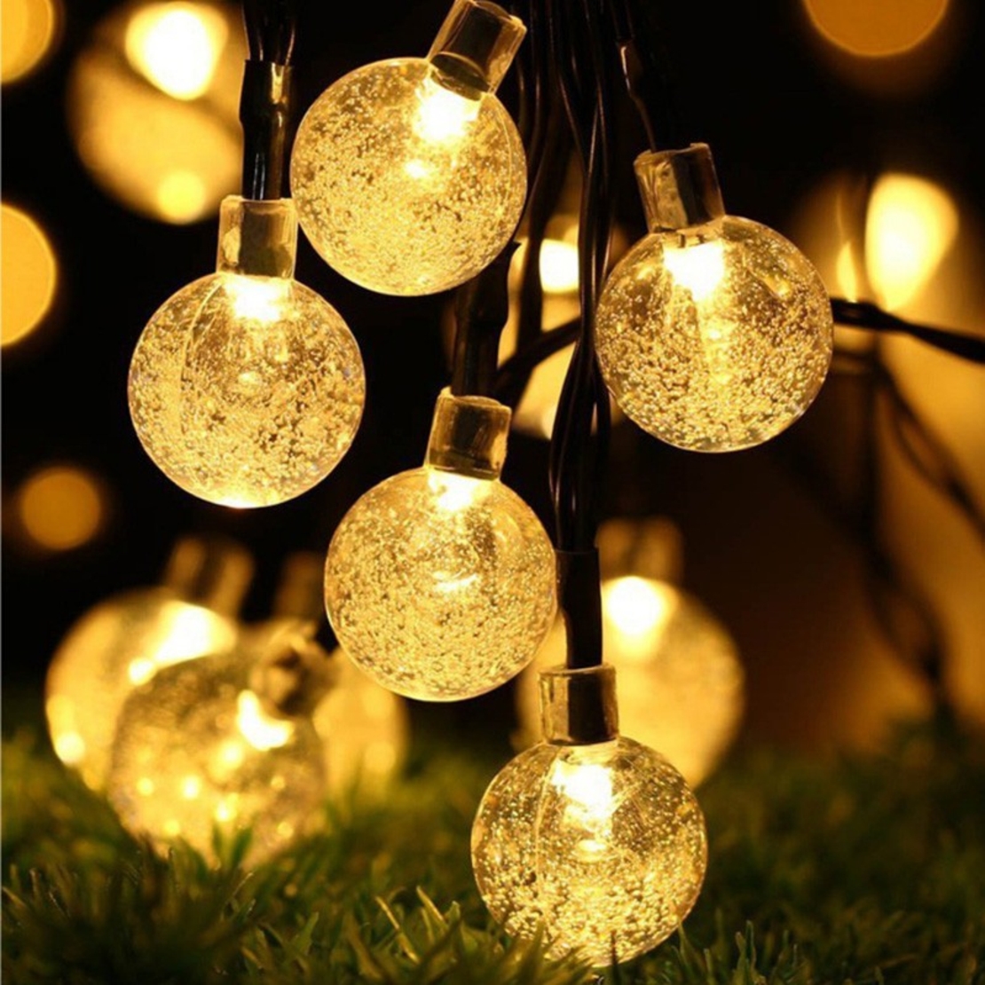 Instalatie Craciun, Tip Globuri de cristal, 100 Led-uri, 12 metri, Alb cald, Energie solara, Senzor de lumina, Vafy