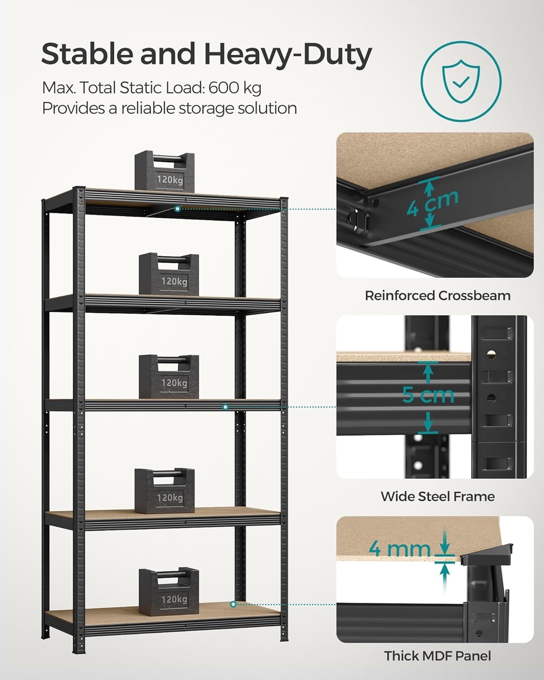 SONGMICS Raft de depozitare metalic, cu rafturi din PAL, 5 polite, max. 600 kg, 200x100x50cm, negru