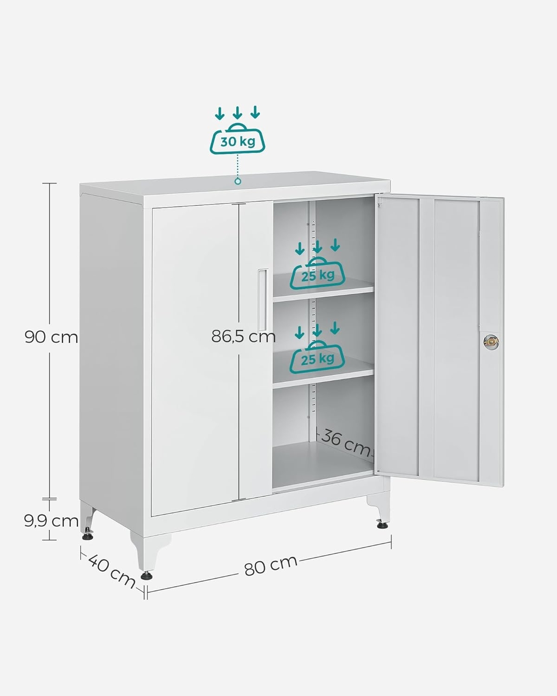 SONGMICS Dulap birou metalic cu 2 usi si sistem de inchidere, multifunctional cu rafturi reglabile, 40x80x90 cm, gri