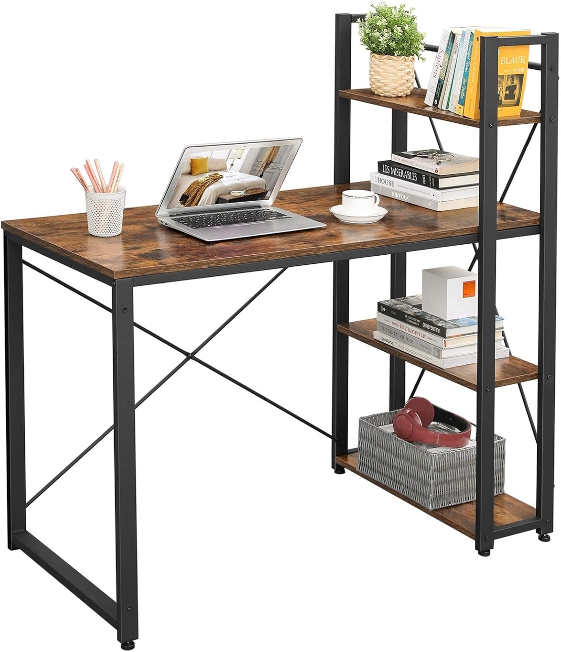 VASAGLE Birou cu raft lateral, montare stanga sau dreapta, industrial, 56x120x120 cm, maro