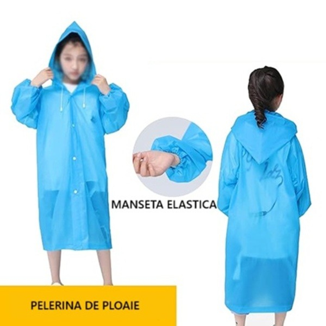 Pelerina de Ploaie, Flippy, pentru Copii 100-145 cm, din EVA, Impermeabila, Inchidere cu Capse, Albastru
