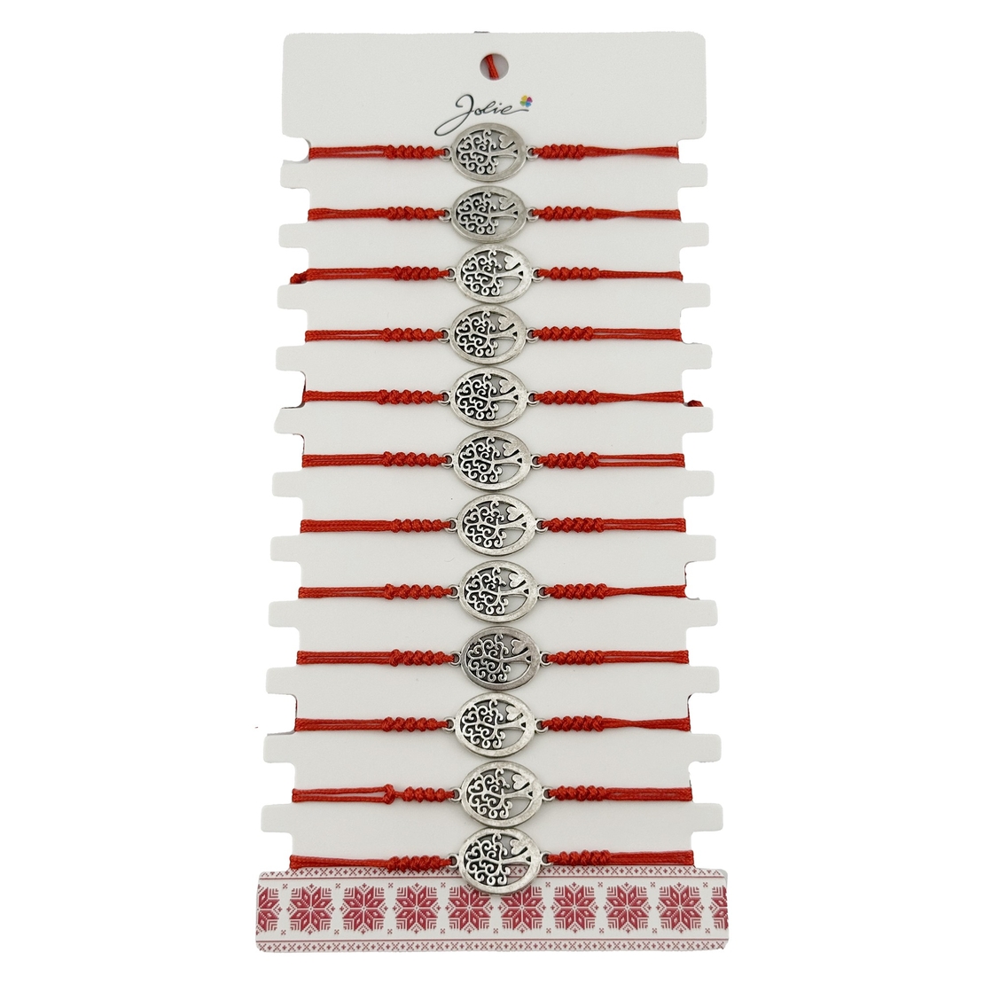 Bratara Martisor pentru Dama, Jolie, Model Copac Rotund, Set 12 bucati, Pandativ Argintiu din Inox cu Snur Rosu Ajustabil