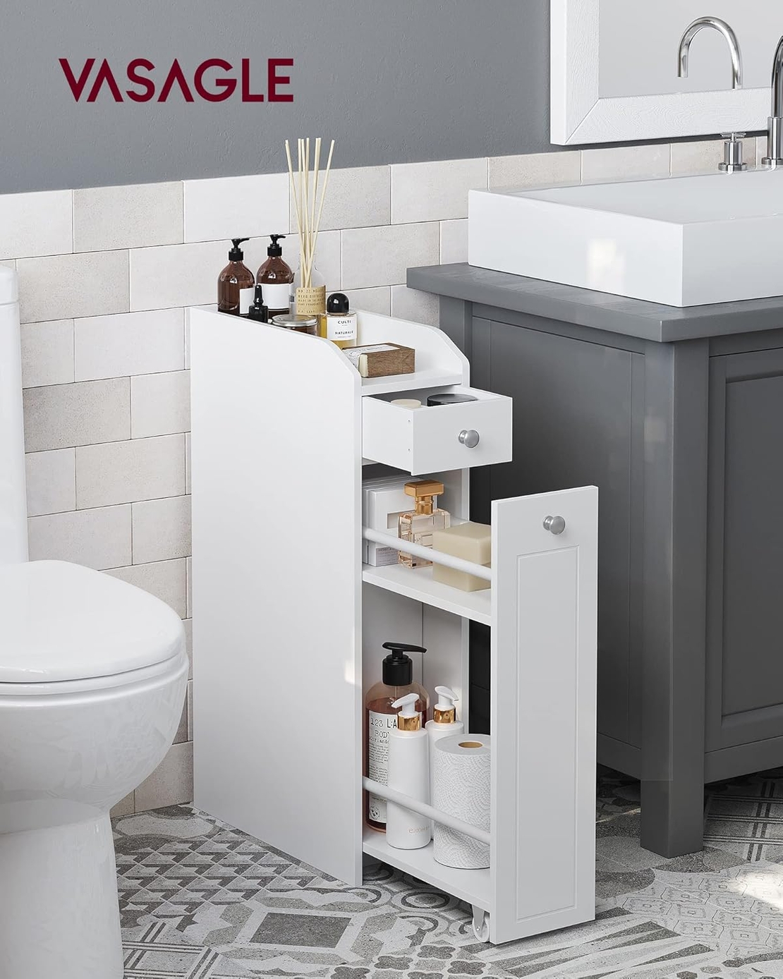VASAGLE Dulap baie ingust cu sertare si roti, pentru depozitare, MDF, 40x18x70 cm, alb