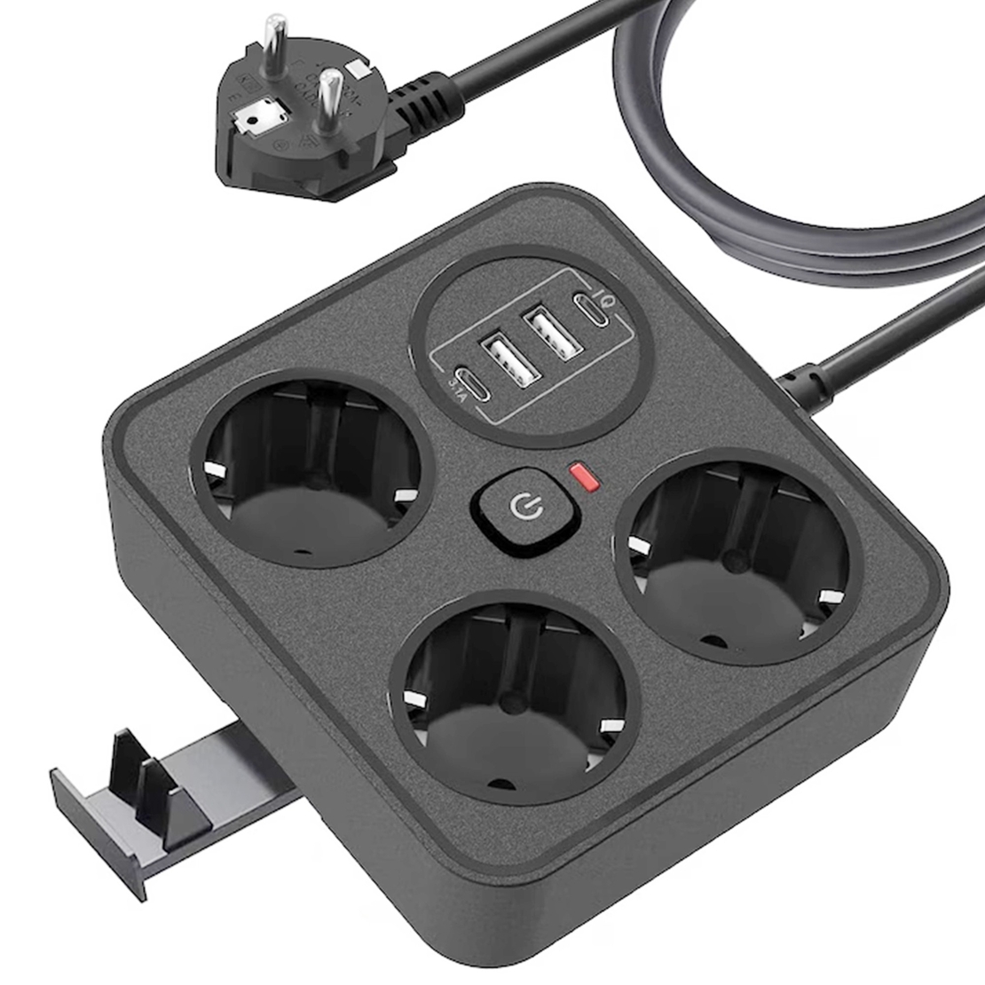 Prelungitor Multifunctional pentru Birou, Vafy, 3 Prize, 2 USB-A, 2 TYPE-C, Suport pentru Telefon, 3250W, Lungime Cablu 2 m, 11.4 x 12.4 cm, Negru
