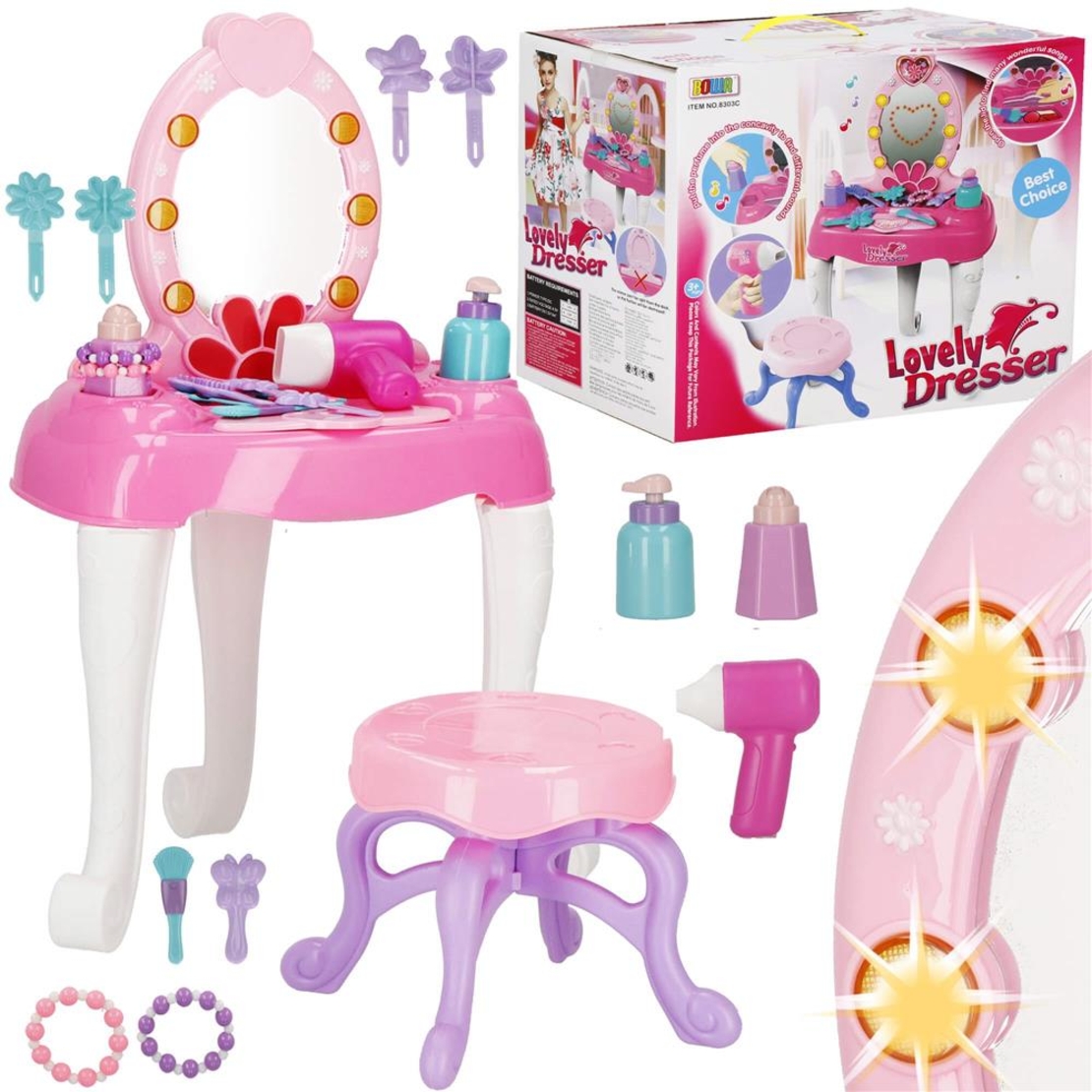 Masa toaleta pentru copii, cu taburet, 19 accesorii joaca, din plastic, 37x20x60 cm, roz