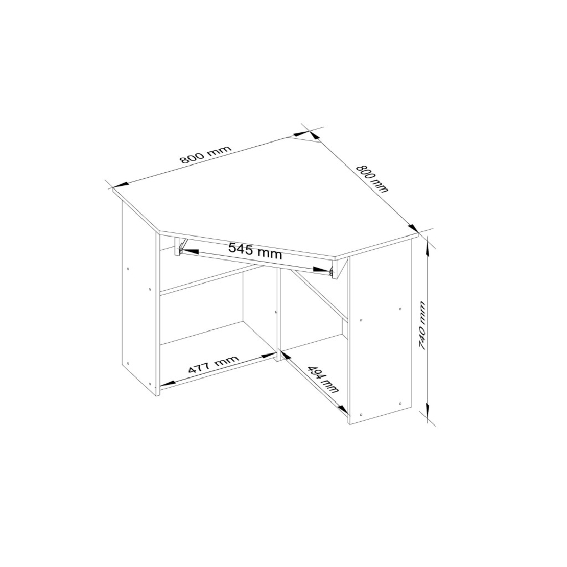 Birou de colt TED, cu rafturi si polita glisanta pentru tastatura, 80x80x74 cm, stejar sonoma