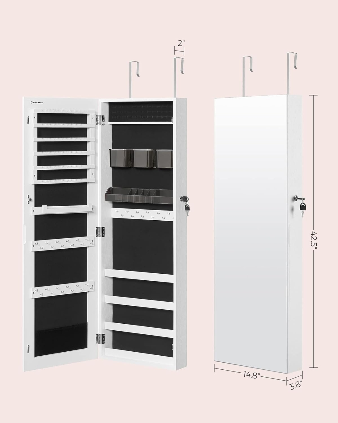 SONGMICS Dulap pentru bijuterii, cu oglinda design fara rama, MDF, montare pe perete sau usa, 37x10x108 cm, alb
