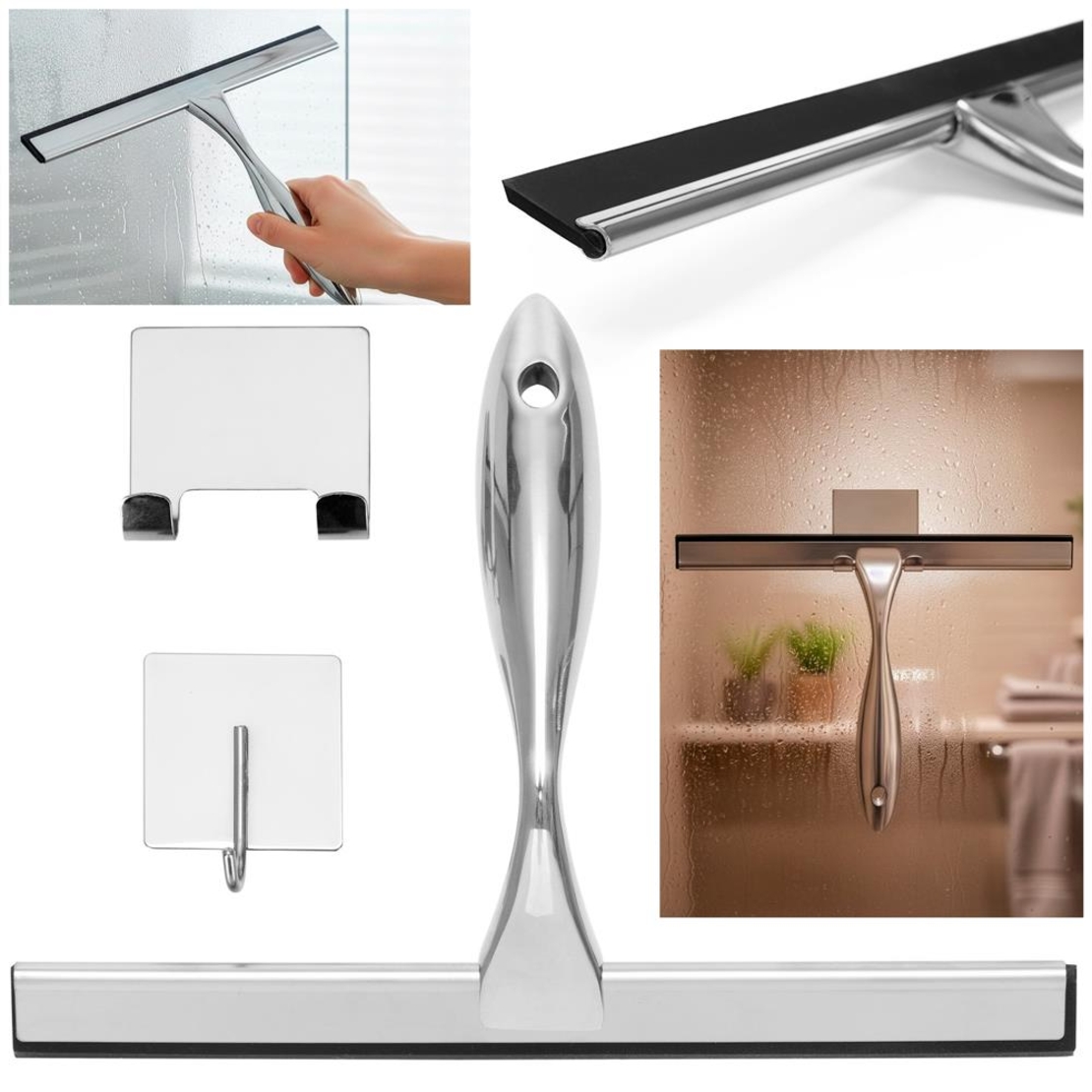 Racleta pentru baie din inox cu suport adeziv, lama 25 cm, finisaj lucios argintiu