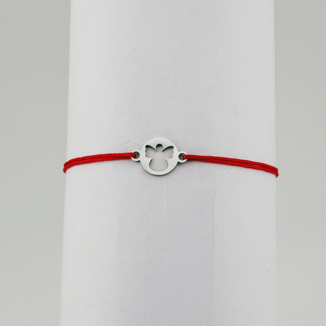 Bratara Martisor pentru Dama, Jolie, Model Inger in Cerc, Set 12 bucati, Pandativ Argintiu din Inox cu Snur Rosu Ajustabil
