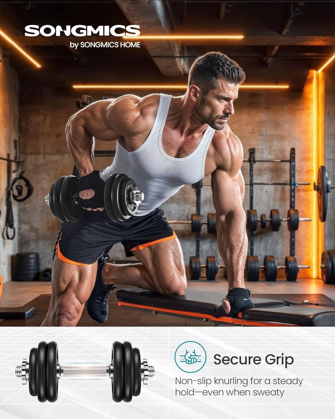 SONGMICS Set gantere reglabile 30 kg din fonta, 12 discuri, cu bara extensibila