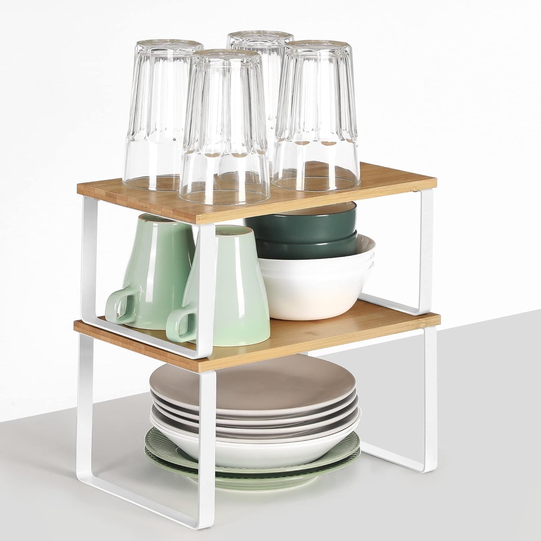SONGMICS Set 2 rafturi de bucatarie suprapozabile, pentru ustensile sau condimente, 20x30x16cm, natur si alb