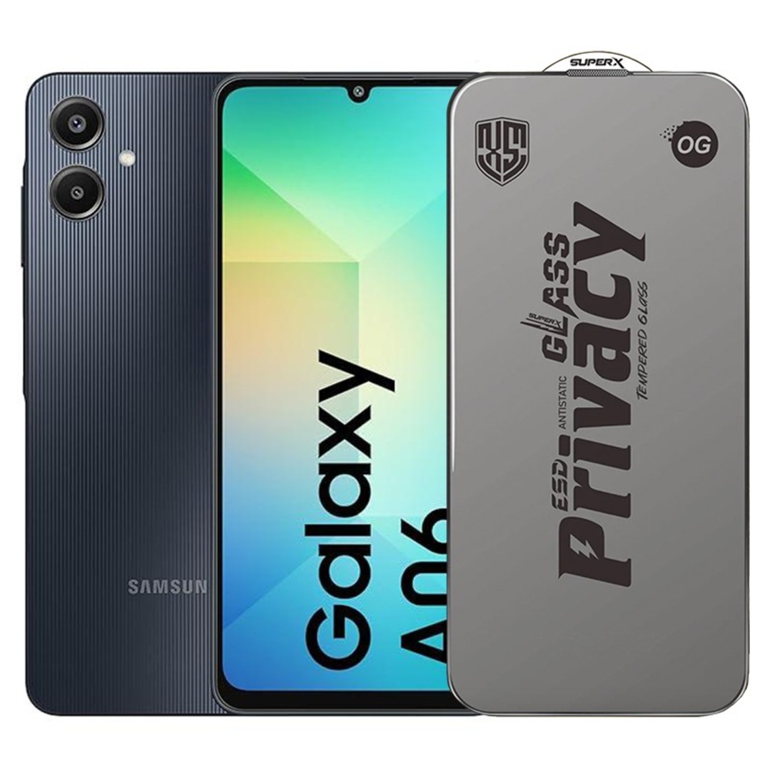 Folie de Protectie pentru Samsung Galaxy A06, Vafy, Sticla Securizata ESD Antistatica, Super-X Privacy OG, Margini Negre, 0.30 mm, Transparent Inchis