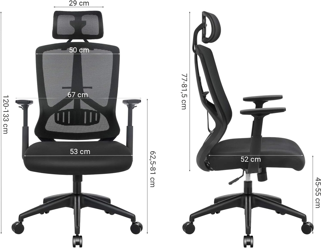 SONGMICS Scaun de birou ergonomic cu tetiera si suport lombar, reglabil, mecanism balans, maxim 120 kg, 70x70x133 cm, negru