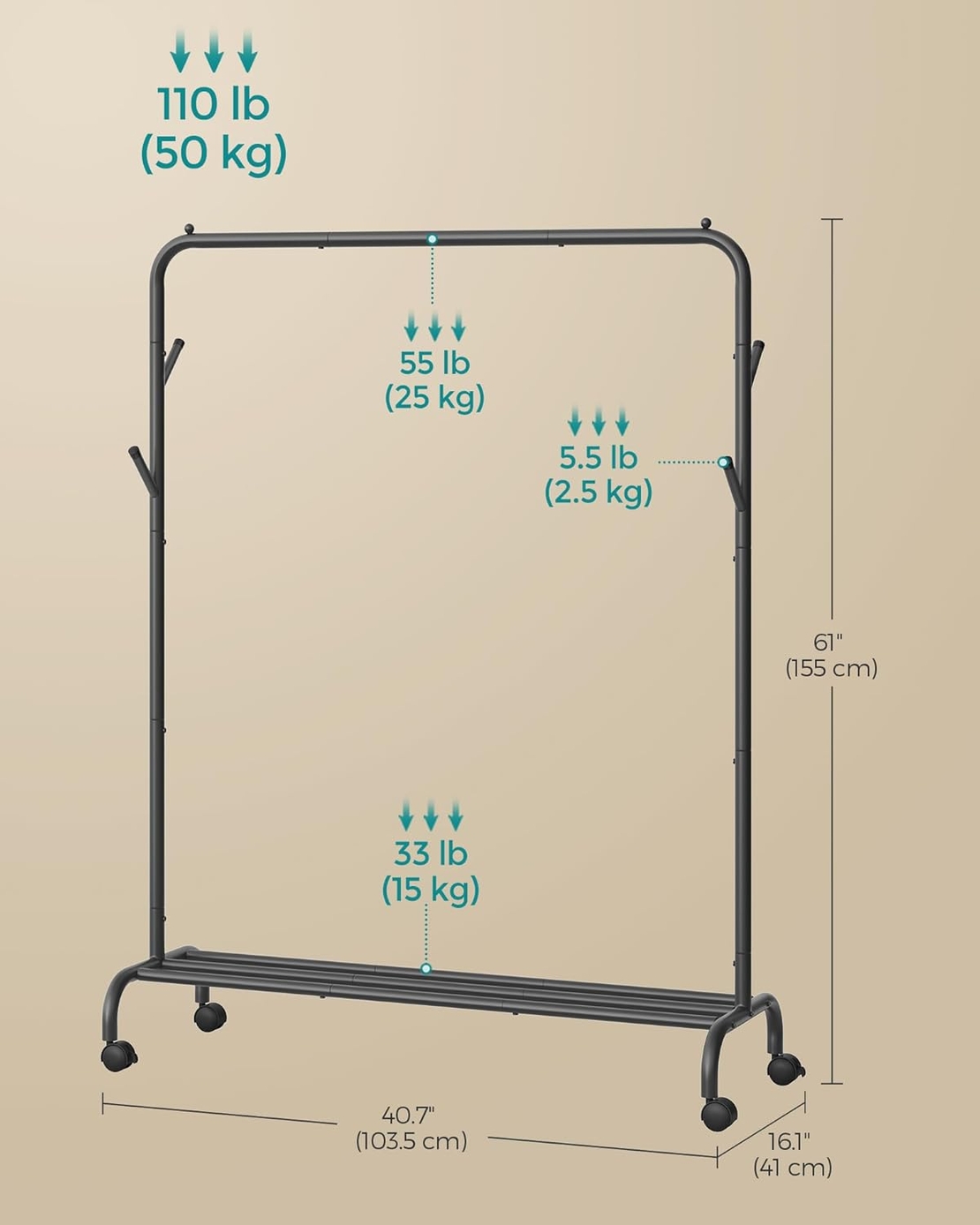 SONGMICS Suport haine metalic cu roti si raft inferior, stil industrial, 103x41x155 cm, negru
