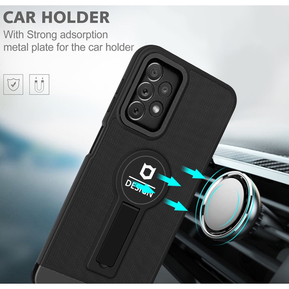 Husa Armor Design cu Stand pentru Samsung Galaxy A03, Negru, Suport Auto Magnetic, Wireless Charge, Protectie Antisoc, Vafy