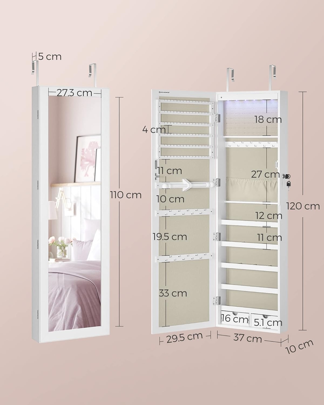 SONGMICS Dulap pentru bijuterii cu oglinda, montare pe perete sau usa, material MDF, inchidere cu cheie, 120x37x10 cm, alb