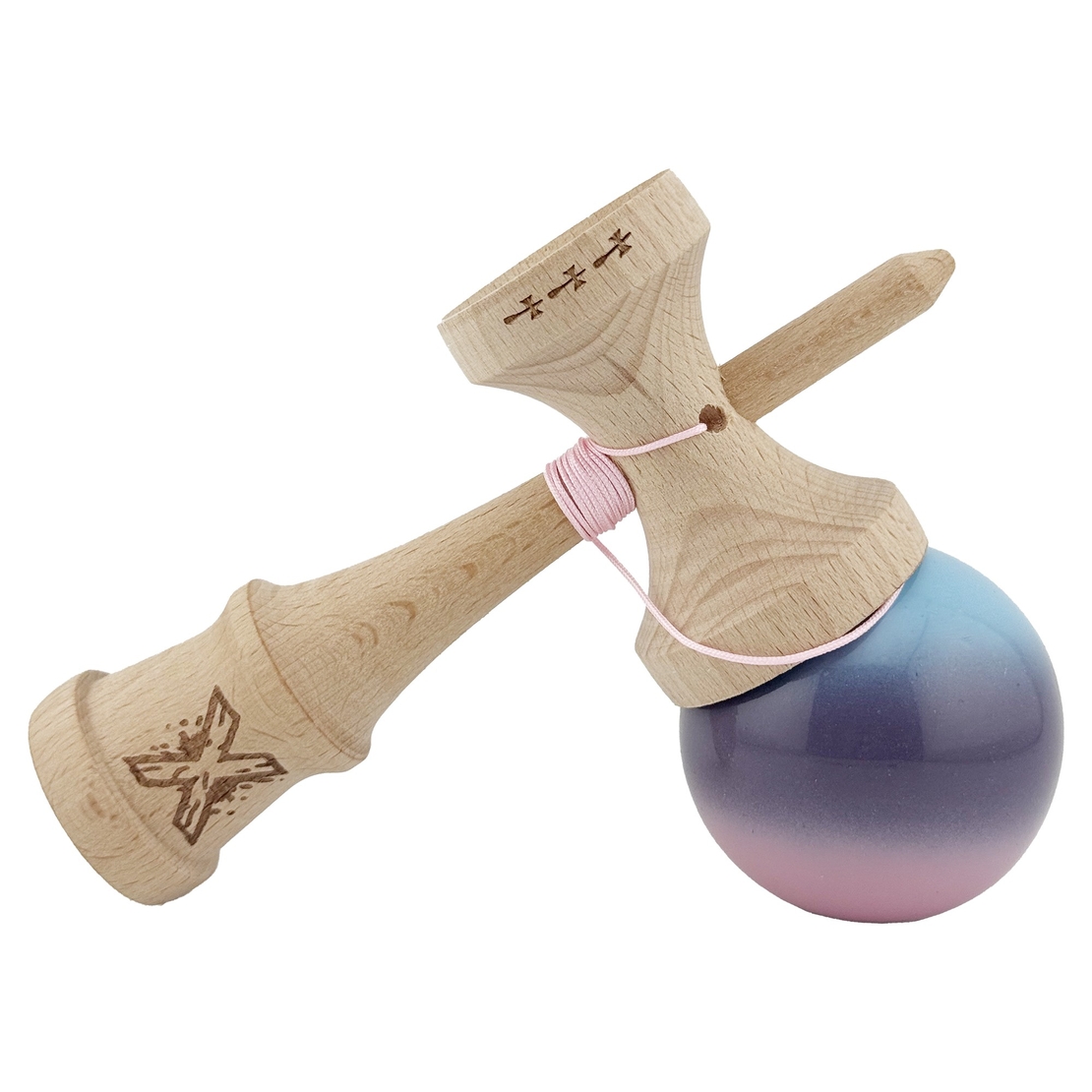 Kendama X Originala, Profesionala, Flippy, Big Cups V2, Super Sticky cu Cupe Mari, din lemn 18 cm, Rulment Metalic cu Ata 55 cm, Albastru/Mov/Roz