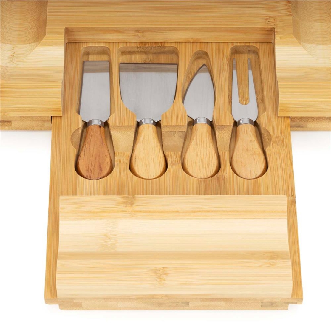 Set servire branzeturi cu platou din bambus si sertar glisant, 33x33x4 cm, maro natur