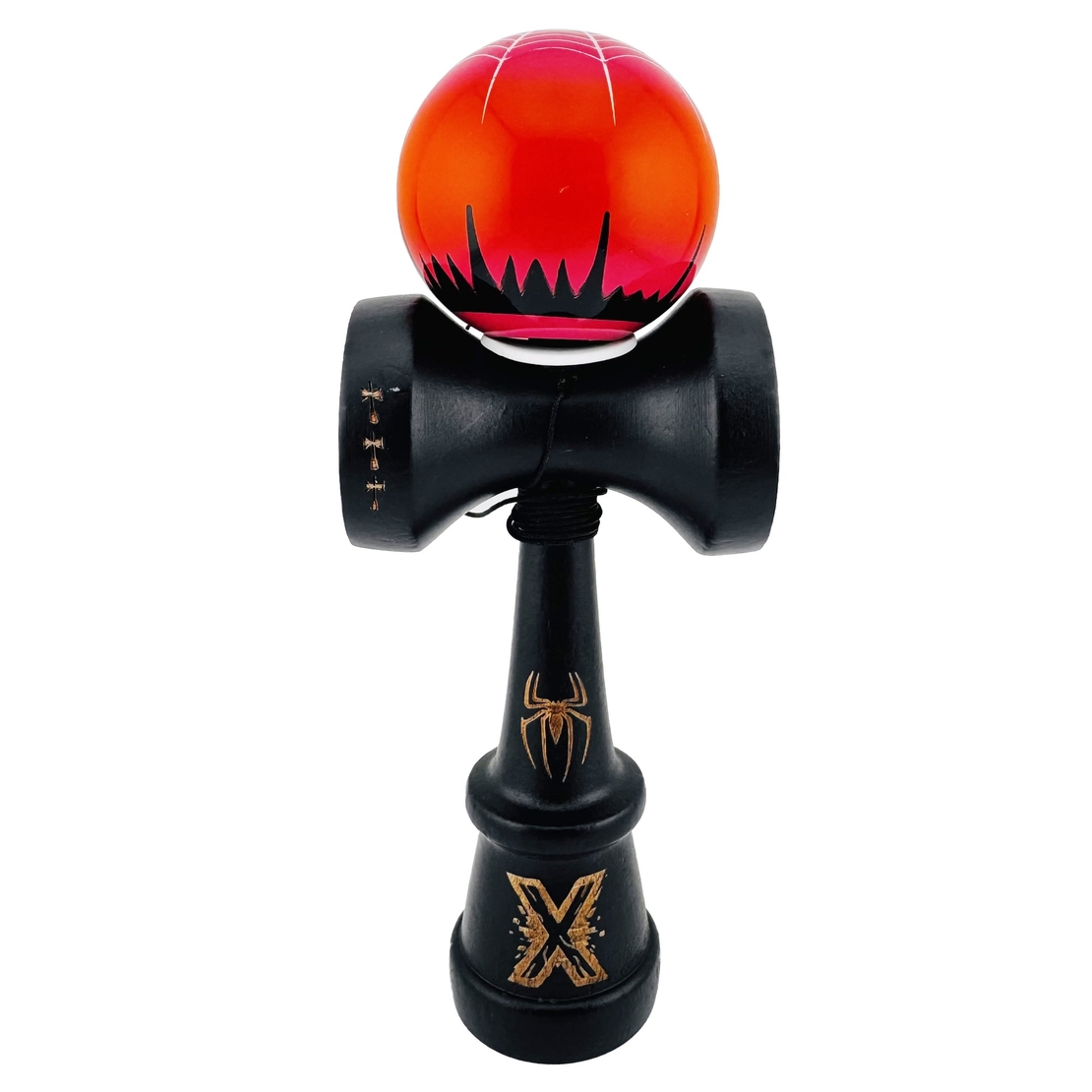 Kendama X Originala, Profesionala, Flippy, BLACK Spider King, Super Sticky cu Cupe Mari KING SIZE V3, Gaura in Baza, Rulment Metalic, din lemn 18 cm, Ata 62/65 cm, Rosu/Negru